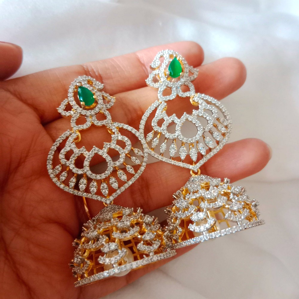 Handmade Brass Metal Jewellery Green Chandbali Jhumkas